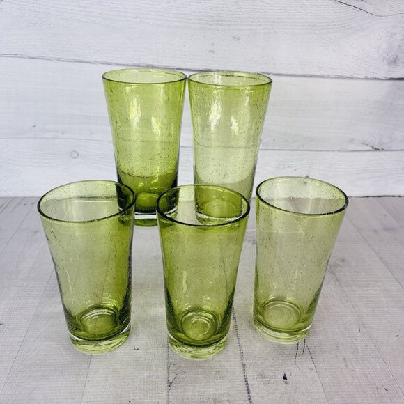 Hand-Blown Weighted Base Flared Artisan Mexico Lime Green Glass Tumbler Set of 5 - Picture 5 of 16